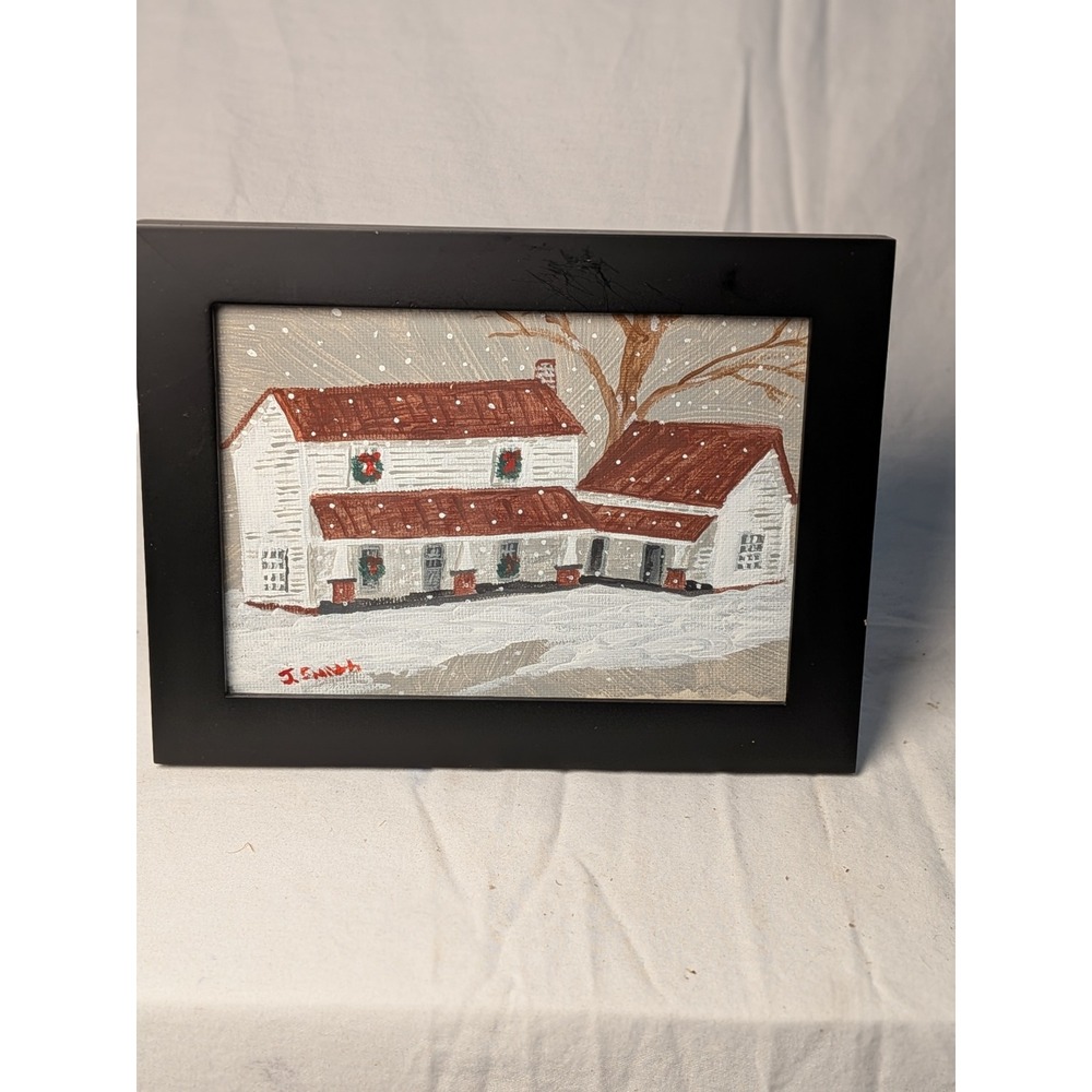J Smith Signed Winter Farmhouse Folk Art Painting Framed Snow Scene 5x7